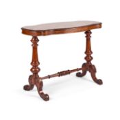 A VICTORIAN BURR WALNUT AND MAHOGANY SIDE TABLE LABEL OF JOHN CURTIS