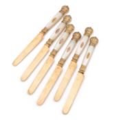 A SET OF SIX 19TH CENTURY FRENCH SILVER-GILT AND MOTHER-OF-PEARL FRUIT KNIVES