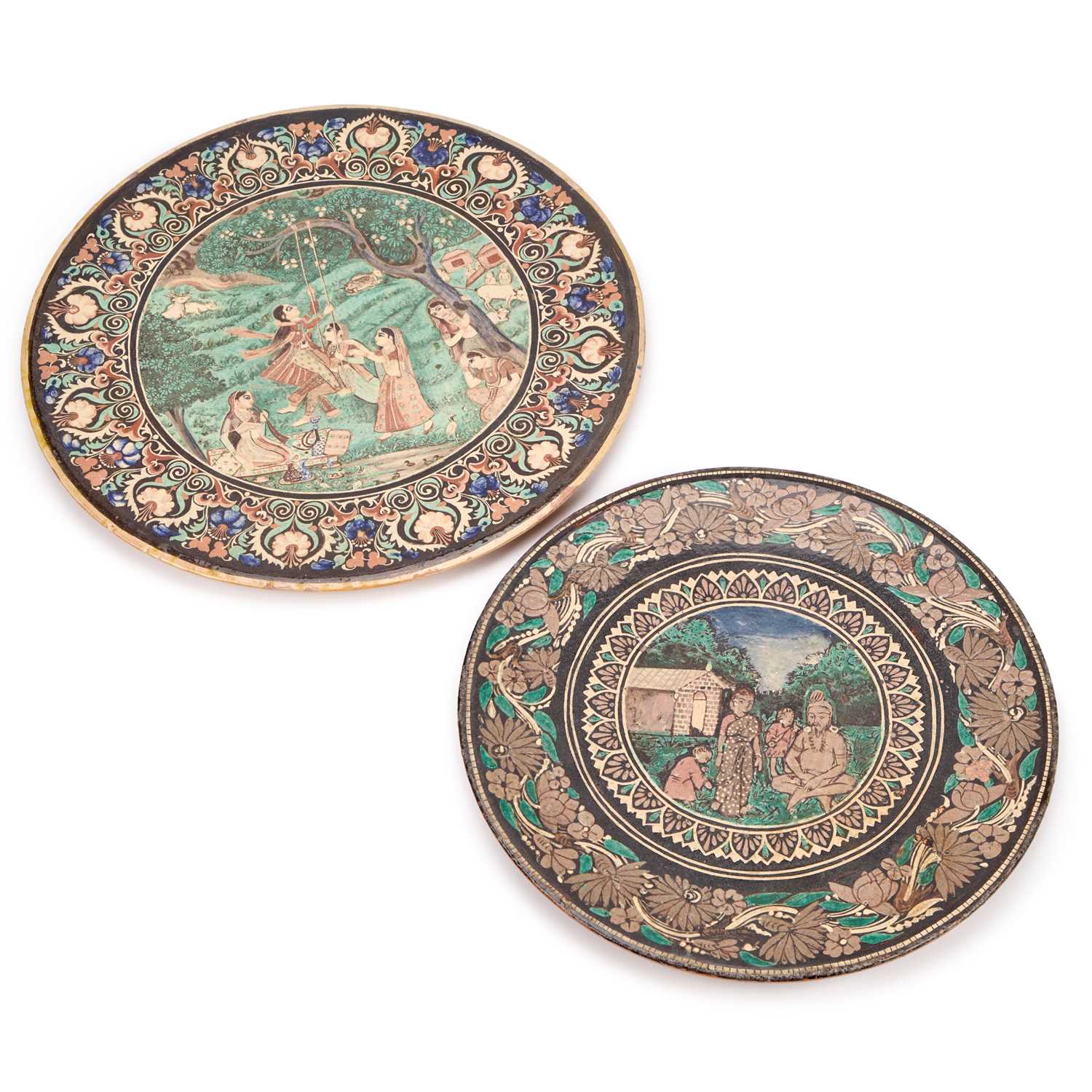 BOMBAY SCHOOL OF ARTS TWO POTTERY CHARGERS, CIRCA 1880
