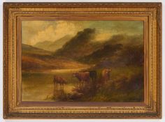 ATTRIBUTED TO ALFRED BREANSKI SNR RBA (1852-1928) HIGHLAND CATTLE IN A MOUNTAIN STREAM
