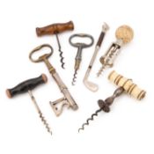A COLLECTION OF 19TH CENTURY AND LATER CORKSCREWS AND BOTTLE OPENERS