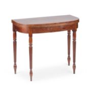 A REGENCY STRING-INLAID MAHOGANY FOLDOVER DEMILUNE CARD TABLE