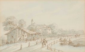 18TH CENTURY ITALIAN SCHOOL A RIVERSIDE VILLAGE SCENE WITH FIGURES AND A BOAT