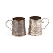 A NEAR PAIR OF VICTORIAN SILVER NURSERY RHYME MUGS