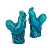 A PAIR OF CHINESE TURQUOISE-GLAZED COCKERELS QING DYNASTY