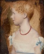 ATTRIBUTED TO ANNE HAYTER (1795-1854) PORTRAIT MINIATURE OF A GIRL IN A CORAL NECKLACE