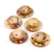FIVE PAIRS OF ROYAL WORCESTER FRUIT PAINTED CUPS AND SAUCERS VARIOUS SIGNATURES INCLUDING RICKETTS,