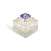 A LARGE EDWARDIAN SILVER, ENAMEL AND GLASS INKWELL