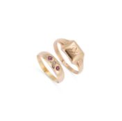 A RUBY AND DIAMOND THREE STONE RING AND A SIGNET RING