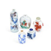 A GROUP OF FIVE CHINESE PORCELAIN SNUFF BOTTLES