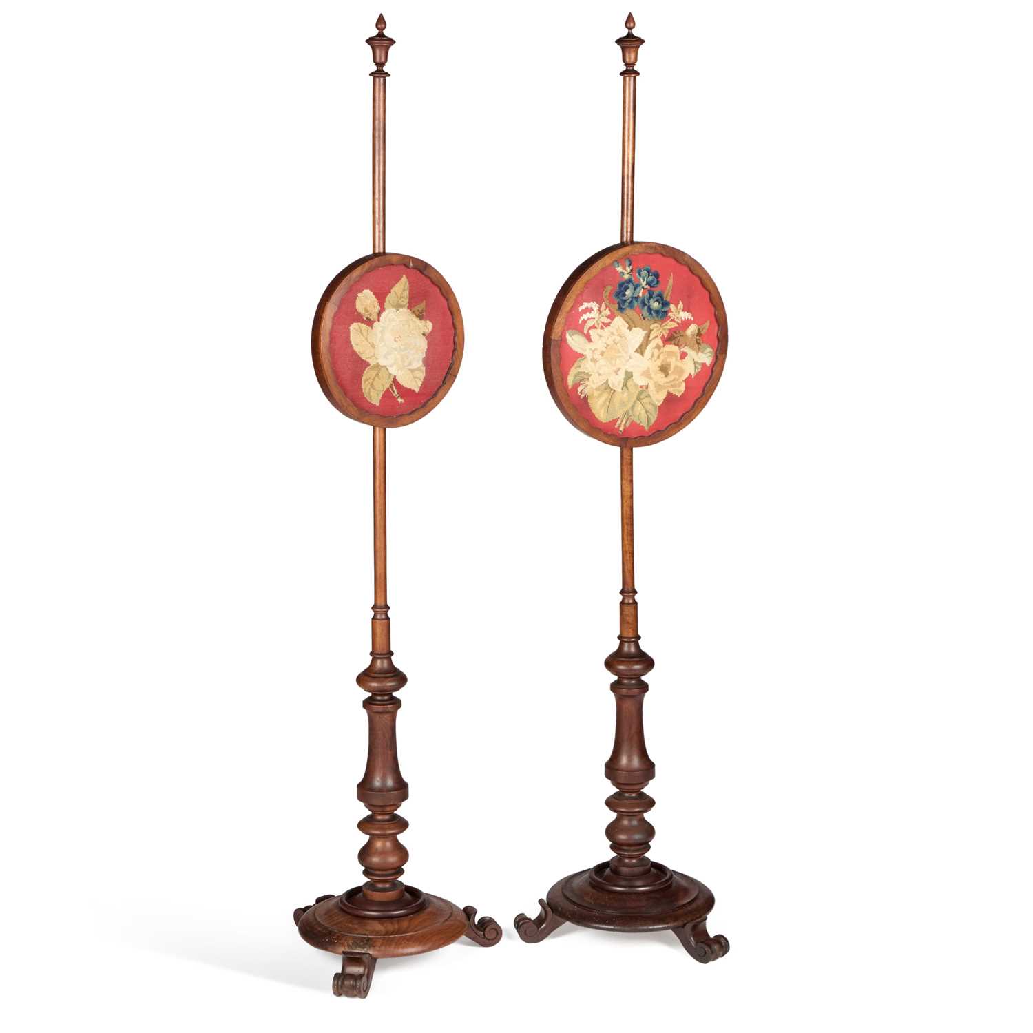 A NEAR PAIR OF VICTORIAN MAHOGANY COUNTRY HOUSE POLESCREENS