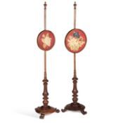 A NEAR PAIR OF VICTORIAN MAHOGANY COUNTRY HOUSE POLESCREENS