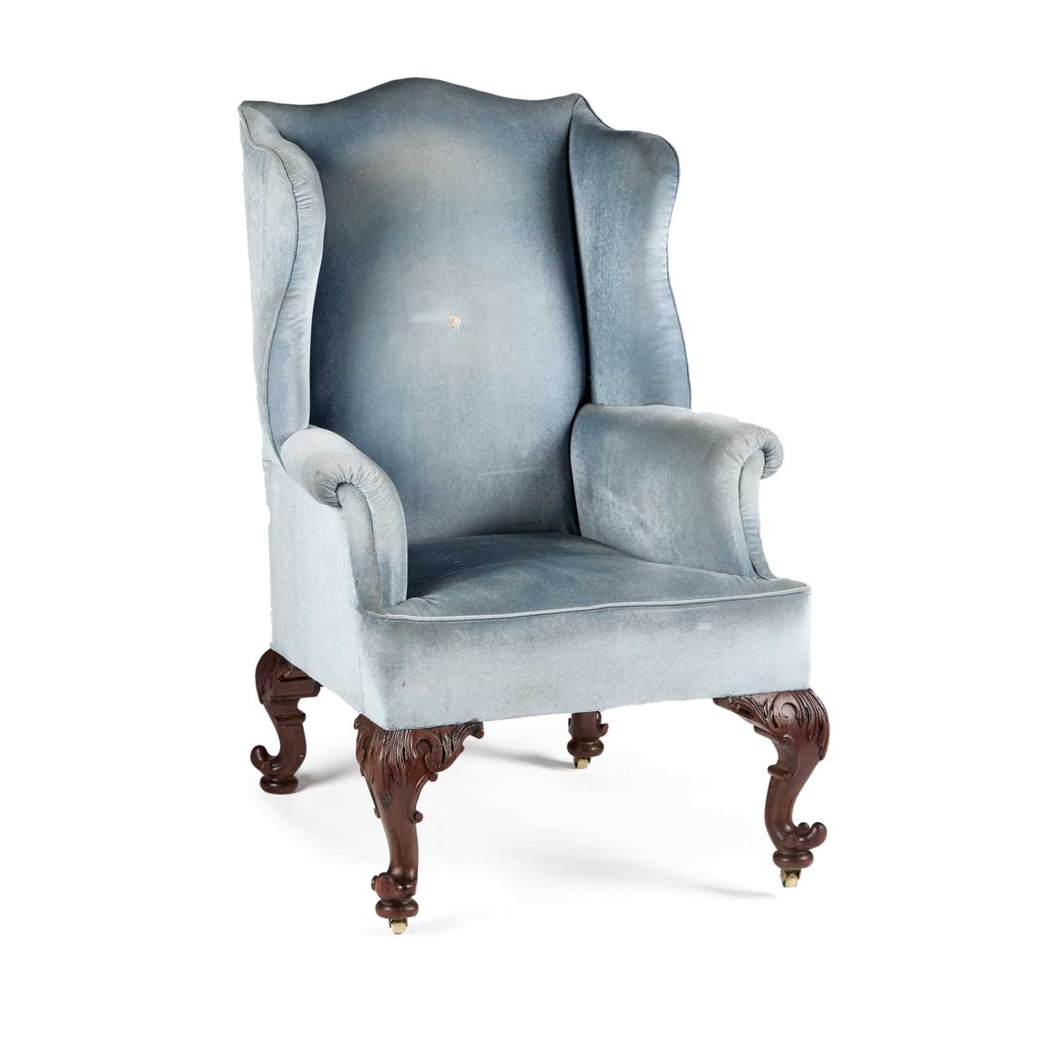 A LARGE IRISH MAHOGANY AND UPHOLSTERED COUNTRY HOUSE WING-BACK ARMCHAIR 19TH CENTURY