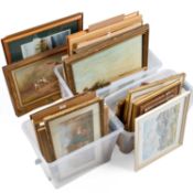 A LARGE QUANTITY OF FRAMED ARTICLES WATERCOLOURS, PRINTS AND OILS, MOSTLY SIGNED
