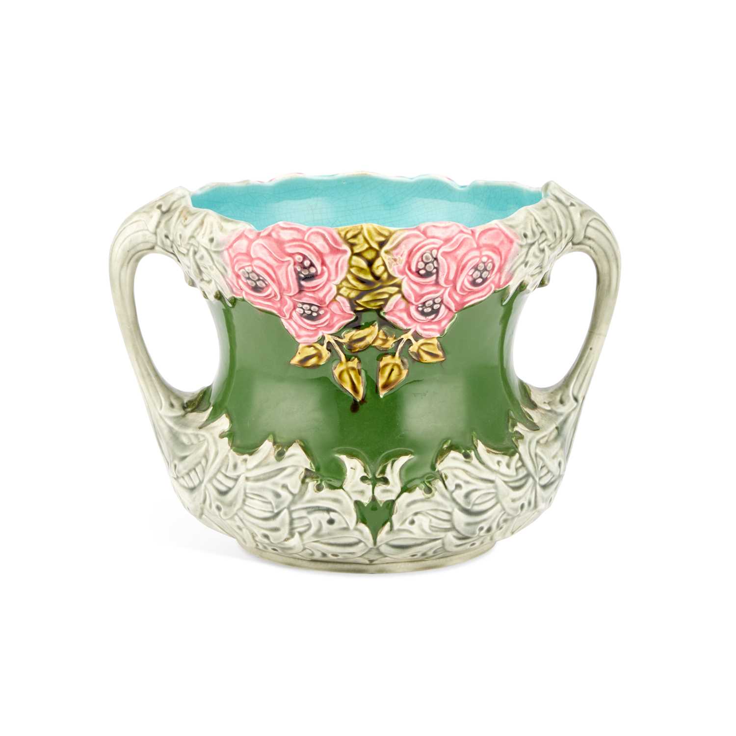 A CONTINENTAL MAJOLICA TWO-HANDLED JARDINIERE