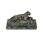 AFTER ANTOINE-LOUIS BARYE (1795–1875) A BRONZE MODEL OF A RECLINING PANTHER HOLDING A MUNTJAC