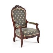 A 19TH CENTURY CARVED AND UPHOLSTERED CHILD'S CHAIR