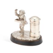 A RARE VICTORIAN SILVER NOVELTY TABLE LIGHTER WITH VESTA TRAY AND SPILL HOLDER