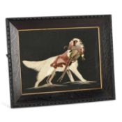 A JAPANESE EMBROIDERED SILK PANEL OF A POINTER AND PREY MEIJI PERIOD (1868-1912)