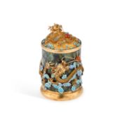 A CHINESE SILVER-GILT, ENAMEL AND NEPHRITE TEA CADDY