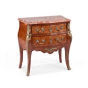 A LOUIS XV STYLE MARBLE-TOPPED, GILT-METAL MOUNTED AND PARQUETRY COMMODE