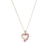 A 9 CARAT GOLD RUBY AND DIAMOND HEART PENDANT ON CHAIN
