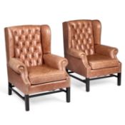 A PAIR OF GEORGIAN STYLE LEATHER-UPHOLSTERED WING-BACK ARMCHAIRS