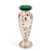 AN ART NOUVEAU AMERICAN STERLING SILVER AND GREEN GLASS VASE