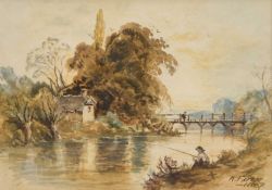 K. FARRAR (19TH CENTURY) FISHING ON THE RIVER