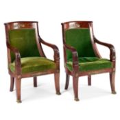 A PAIR OF 19TH CENTURY GILT-METAL MOUNTED MAHOGANY AND UPHOLSTERED ARMCHAIRS IN THE MANNER OF THOMAS