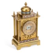 A LATE 19TH CENTURY FRENCH BRASS AND CHAMPLEVÉ ENAMEL MANTEL CLOCK SIGNED JAPY FRÈRES