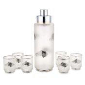A CONTINENTAL SILVER-PLATE MOUNTED FROSTED GLASS COCKTAIL SHAKER AND SIX DRINKING GLASSES PROBABLY I