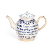 A LEEDS BLUE AND WHITE PEARLWARE MARRIAGE TEAPOT DATED 1786