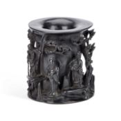 A CHINESE CARVED ZITAN BRUSH POT 19TH CENTURY OR EARLIER