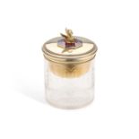 A FINE RUSSIAN SILVER-GILT, ENAMEL AND ENGRAVED GLASS POWDER JAR