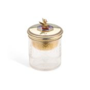 A FINE RUSSIAN SILVER-GILT, ENAMEL AND ENGRAVED GLASS POWDER JAR