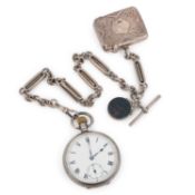 A SILVER OPEN FACED POCKET WATCH WITH CHAIN AND VESTA CASE