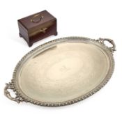 A LARGE VICTORIAN SILVER-PLATED TWO-HANDLED OVAL TRAY