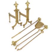 A GROUP OF EARLY 20TH CENTURY BRASS FIRE ACCESSORIES