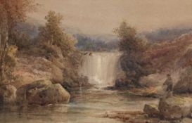 J.H BOOTY (EARLY 20TH CENTURY) WATERFALL LANDSCAPE WITH FISHERMAN
