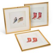 CHINESE SCHOOL THREE GOUACHE PAINTINGS OF SHOES