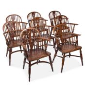 A GOOD SET OF EIGHT PERIOD STYLE YEW WOOD AND ELM WINDSOR CHAIRS 20TH CENTURY