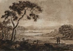 ATTRIBUTED TO WILLIAM GILPIN (1724-1804) ITALIANATE LANDSCAPE WITH CATTLE AND FIGURES
