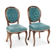 A PAIR OF VICTORIAN WALNUT AND UPHOLSTERED SIDE CHAIRS LABEL OF T.H. FILMER & SONS