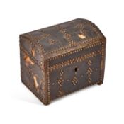 A 19TH CENTURY LEATHER-COVERED AND BRASS-STUDDED DOME-TOP CASKET