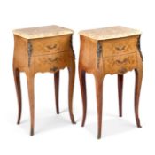 A PAIR OF FRENCH MARBLE-TOPPED, GILT-METAL MOUNTED AND FLORAL MARQUETRY SIDE TABLES