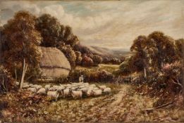 R HAMMOND (19TH CENTURY) COUNTRY LANDSCAPE WITH A SHEPHERD AND HIS FLOCK