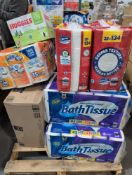 pallet of paper towels and bath tissue and wipes