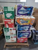 pallet of paper towels, diapers, and bath tissues