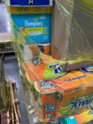 Pallet of toilet paper, easy up pampers, Kleenex, poise, pads, undergarments, napkins, underwear, to
